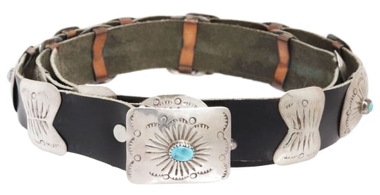 NATIVE AMERICAN STERLING SILVER & TURQUOISE CONCHO BELT