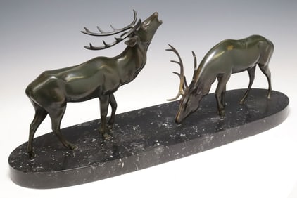 LARGE PATINANTED BRONZE WILDLIFE SCULPTURE, TWO DEER