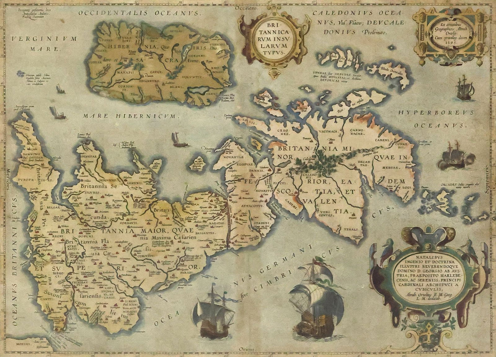 ORTELIUS 'THEATRUM ORBIS TERRARUM' MAP OF THE BRITISH ISLES: Framed hand-colored copper engraving map of the British Isles, 17th c., "Britannicarum Insularum Typus," from Abraham Ortelius' (1527-1598) "Theatrum Orbis Terrarum," Antwerp,