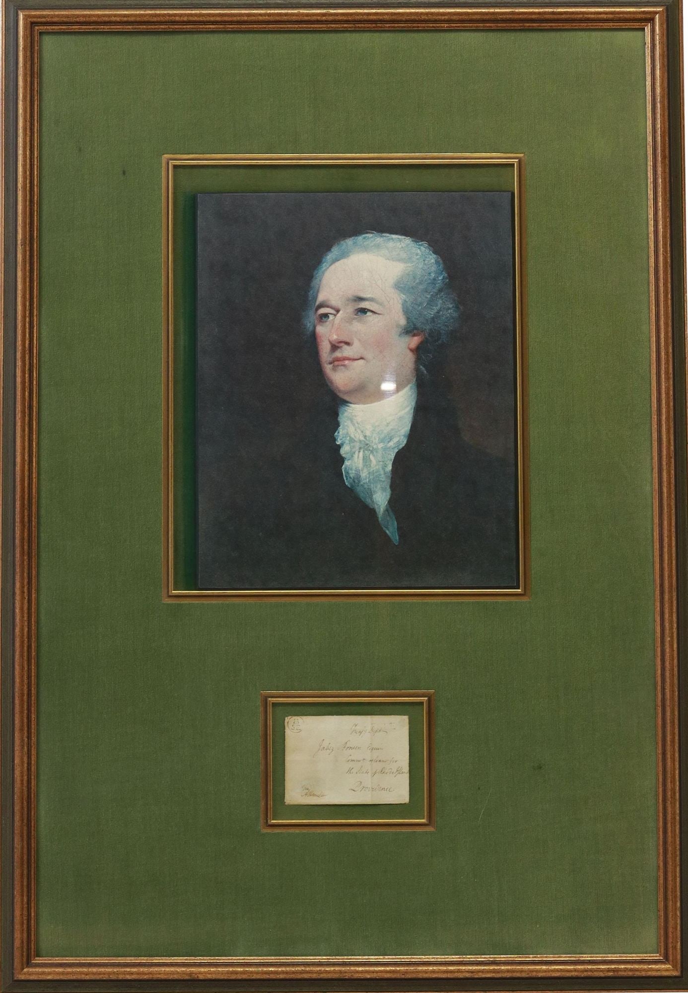 ALEXANDER HAMILTON TO JABEZ BOWEN SIGNED ENVELOPE: Framed franked envelope, signed lower left A. Hamilton (Alexander Hamilton, American, 1755/57-1804, first U.S. secretary of the treasury 1789-1795), addressed to Jabez Bowen, Esquire (American, 1739-1