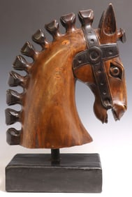 CARVED WOOD DRESSAGE HORSE HEAD SCULPTURE, 22.75"H