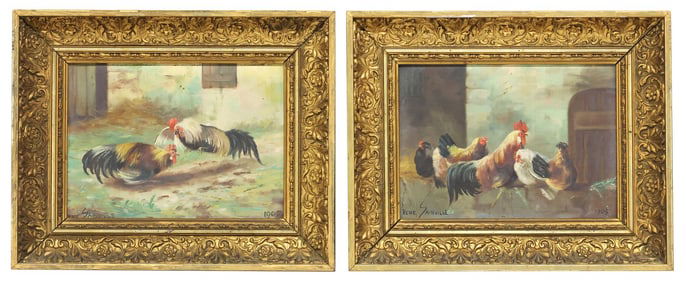 (2) RENE SAINVILLE (19TH/ 20TH C.) PAINTINGS OF CHICKENS