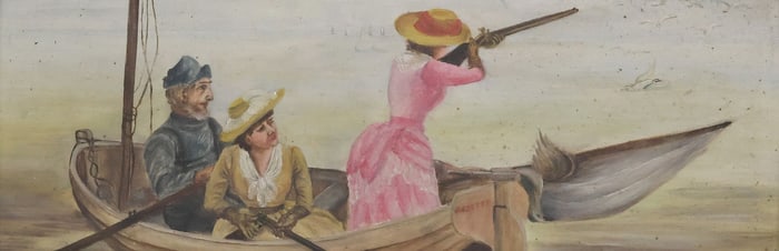 AMERICAN SCHOOL NAIVE PAINTING LADIES SHOOTING WATERFOWL