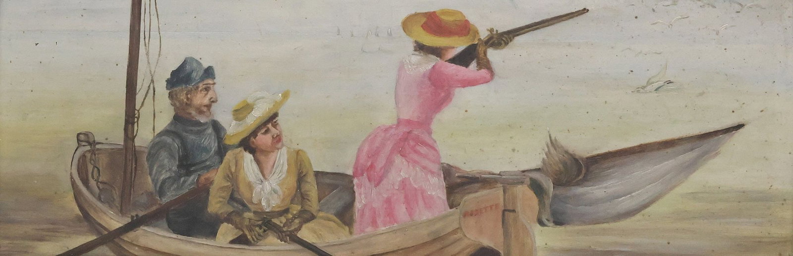 AMERICAN SCHOOL NAIVE PAINTING LADIES SHOOTING WATERFOWL: Framed American school oil on board painting, Ladies Shooting Waterfowl, the transom of the boat inscribed Rosette, sight: approx 5"h, 14.75"w, overall: 11.75"h, 21.5"w, 5lbs