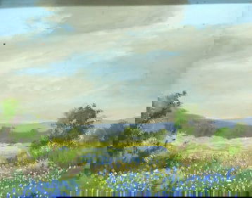CARL HOPPE (1897-1981) PAINTING BLUEBONNETS IN HELOTES, TEXAS