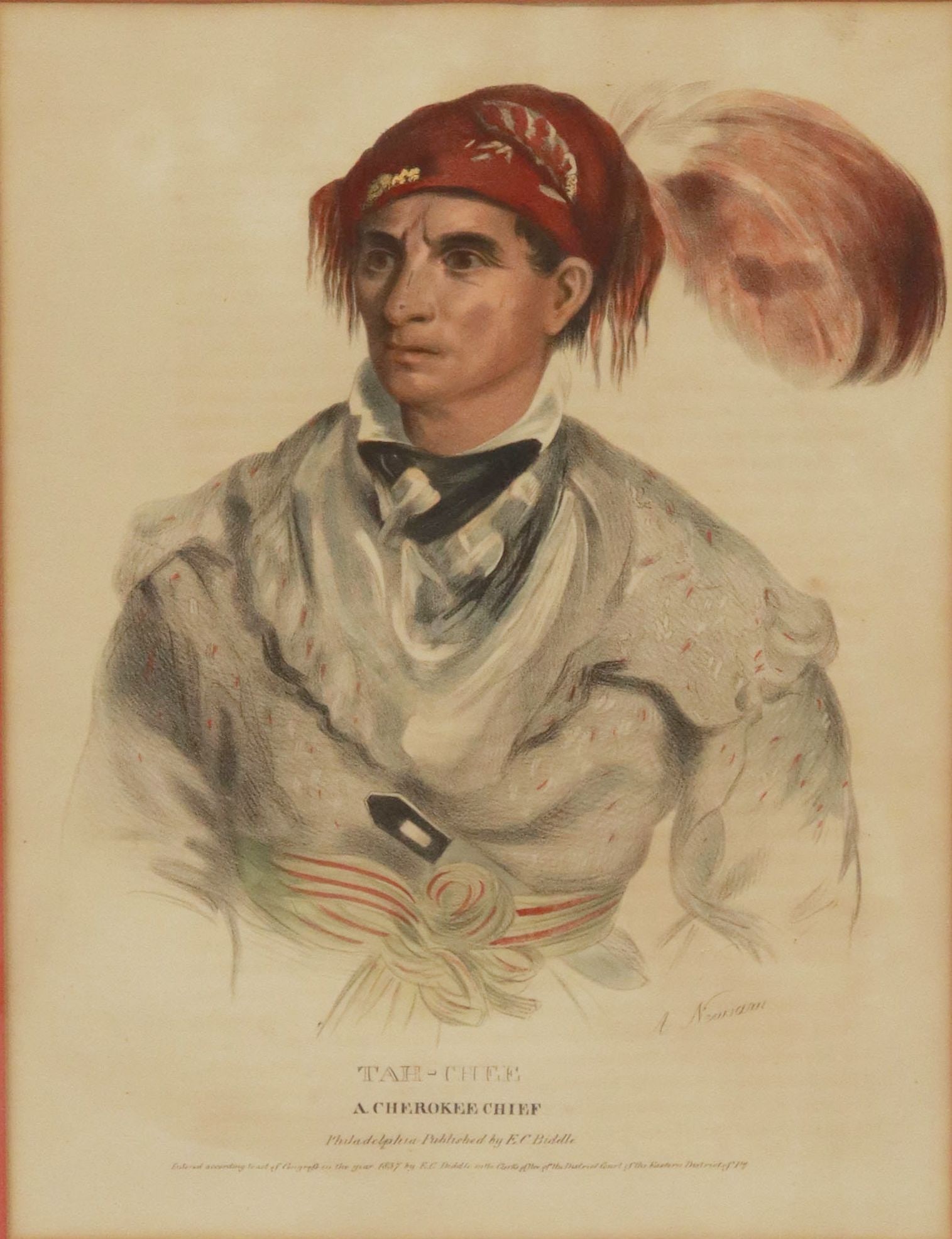CHEROKEE CHIEF LITHOGRAPH INDIAN TRIBES OF NORTH AMERICA: Framed lithograph on paper, "Tah-Chee: A Cherokee Chief," Albert Newsam (American, 1809-1864), after Charles Bird King (American, 1785-1862), from the "History of the Indian Tribes of N