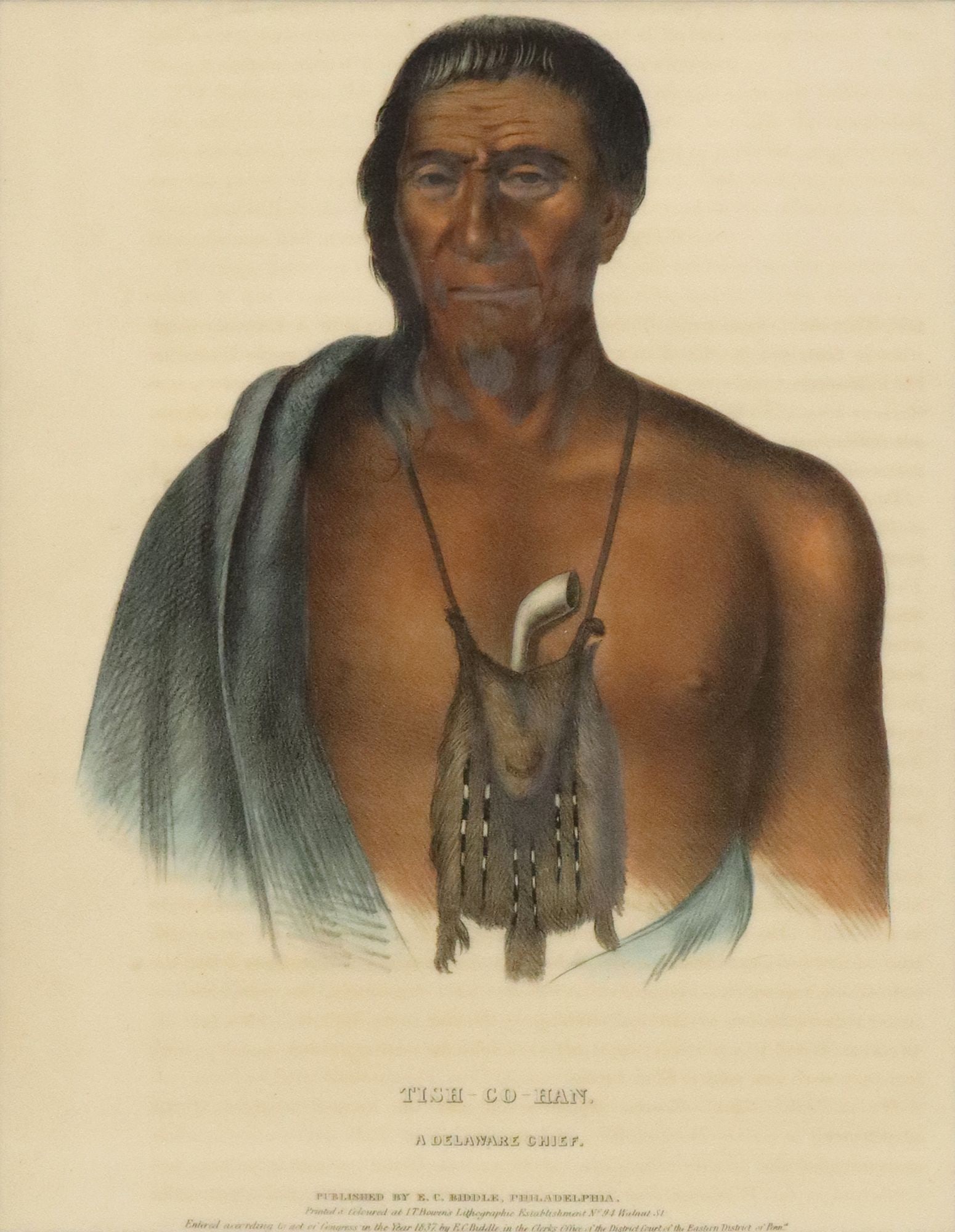 DELAWARE CHIEF LITHOGRAPH INDIAN TRIBES OF NORTH AMERICA: Framed hand-colored lithograph on paper, "Tish-Co-Han: a Delaware Chief," from "History of the Indian the Indian Tribes of North America," c.1837, after Charles Bird King (1785-186
