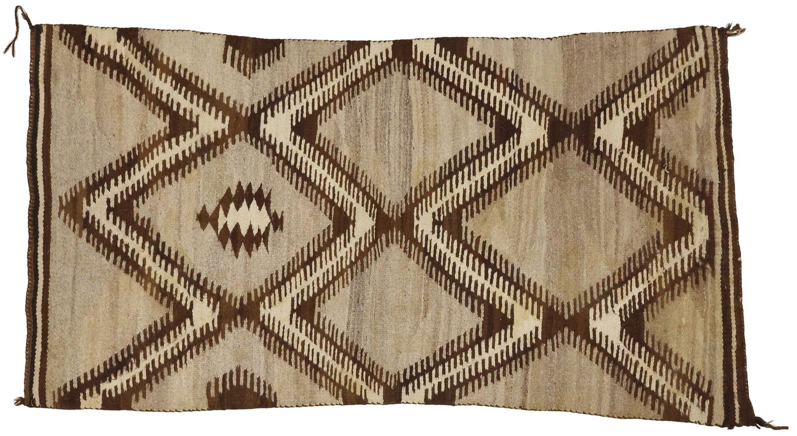 NATIVE AMERICAN NAVAJO NATURAL WOOL 'EYE DAZZLER' RUG, 5'11.5" X 3'3": Native American Navajo natural handspun wool "Eye Dazzler" rug, early 20th c., small area of exposed warp near one corner, approx 5'11.5"l, 3'3"w