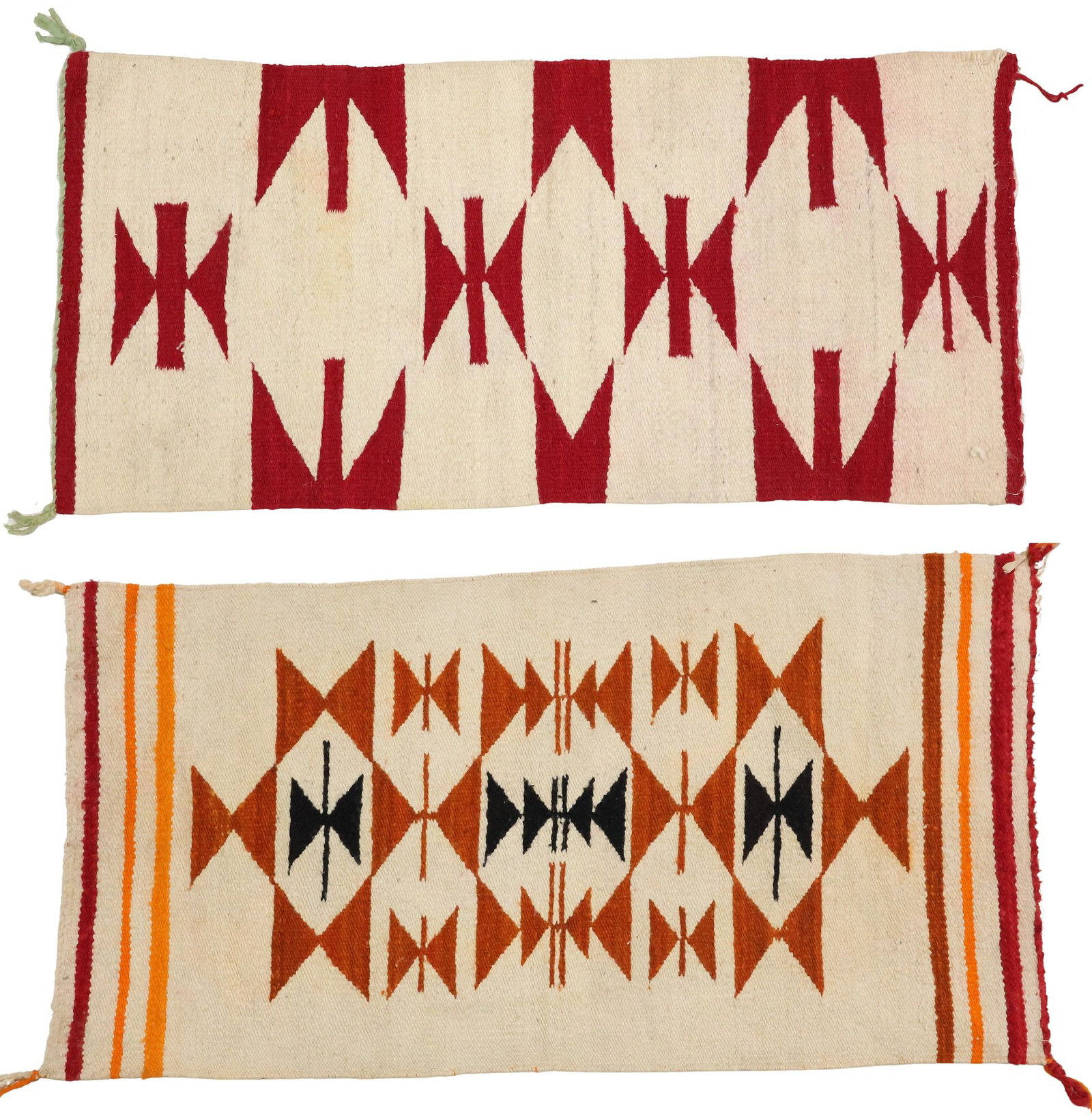 (2) NATIVE AMERICAN NAVAJO WOVEN GALLUP THROWS: (lot of 2) Native American Navajo woven Gallup throws, early-mid 20th c., both with some dye transfer, including: (1) with red geometric designs on beige ground, approx 37"l, 17.5"