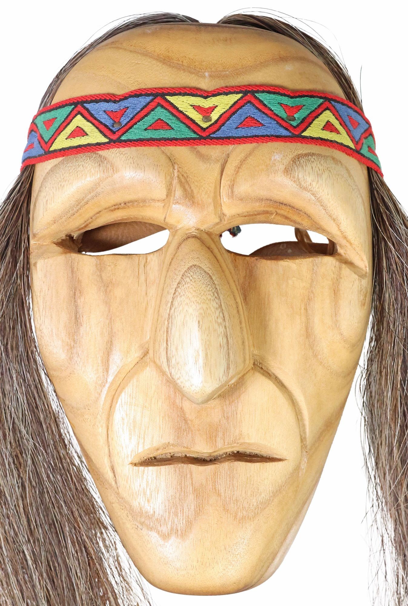 DAVID HORNBUCKLE NATIVE AMERICAN CHEROKEE LONG HAIR CLAN CARVED MASK: Native American carved mask, "Long Hair Clan," one of the seven clans of the Cherokee, signed on the reverse David Hornbuckle (Cherokee, 20th c.), dated 2009, having carved ho