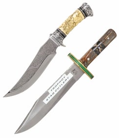 (2) BOWIE KNIVES, ONE HORSE, WOLF, BISON CARVED BONE HANDLE