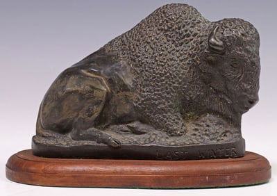 WESTERN PATINATED BRONZE BUFFALO SCULPTURE, 'LAST WINTER'