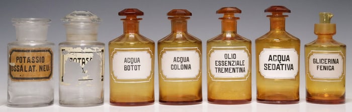 (7) ITALIAN COLORED GLASS APOTHECARY / PHARMACY JARS WITH STOPPERS