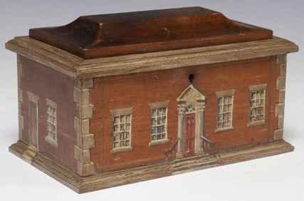 ENGLISH PAINT-DECORATED HOUSE FACADE MAHOGANY WORK BOX