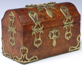 ENGLISH VICTORIAN BRASS-BOUND BURL WALNUT STATIONARY BOX