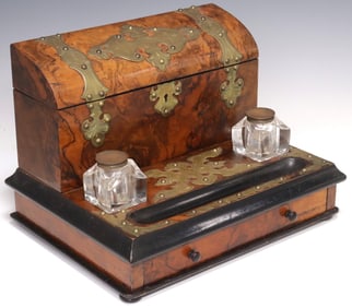 ENGLISH VICTORIAN BRASS-MOUNTED BURLED WALNUT DESK STAND