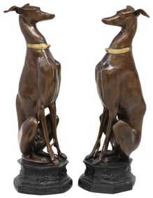 (2) PARCEL GILT & COLD-PAINTED BRONZE WHIPPET HOUND SCULPTURES