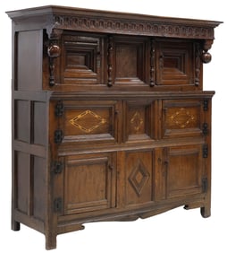 ENGLISH CARVED OAK & PARQUETRY COURT CUPBOARD, 18TH C.