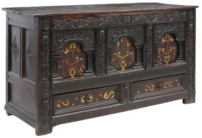 ENGLISH CHARLES I & LATER OAK & FLORAL MARQUETRY MULE CHEST