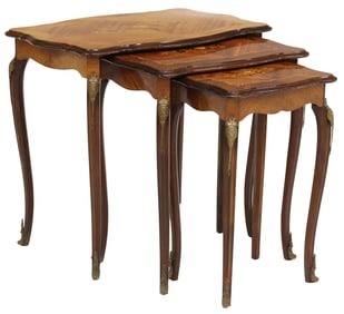 (3) LOUIS XV STYLE MATCHED VENEER MARQUETRY NESTING TABLES