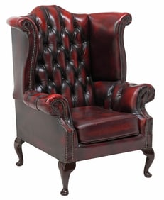 ENGLISH QUEEN ANNE STYLE OXBLOOD LEATHER WINGBACK ARMCHAIR