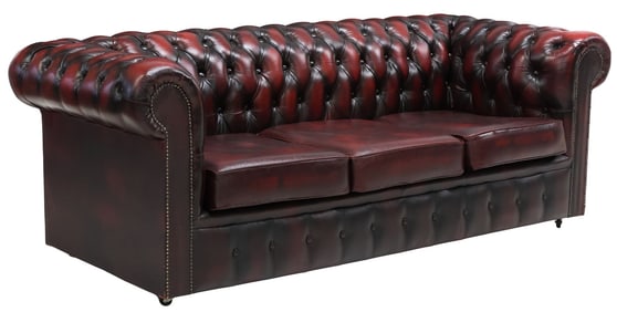 ENGLISH CHESTERFIELD STYLE TUFTED OXBLOOD LEATHER SOFA