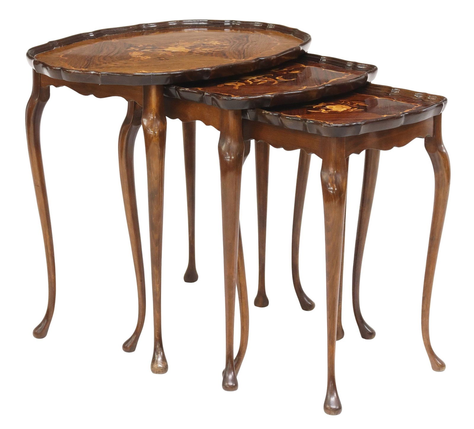 (3) ENGLISH QUEEN ANNE STYLE MARQUETRY NESTING TABLES: (lot of 3) English Queen Anne style matched veneer nesting tables, 20th c., shaped tabletop with raised scrolled trim, centering floral marquetry encircled by scrollwork inlay, rising on cabriole legs