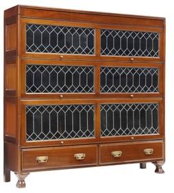 EDWARDIAN MAHOGANY & LEADED GLASS BARRISTER BOOKCASE
