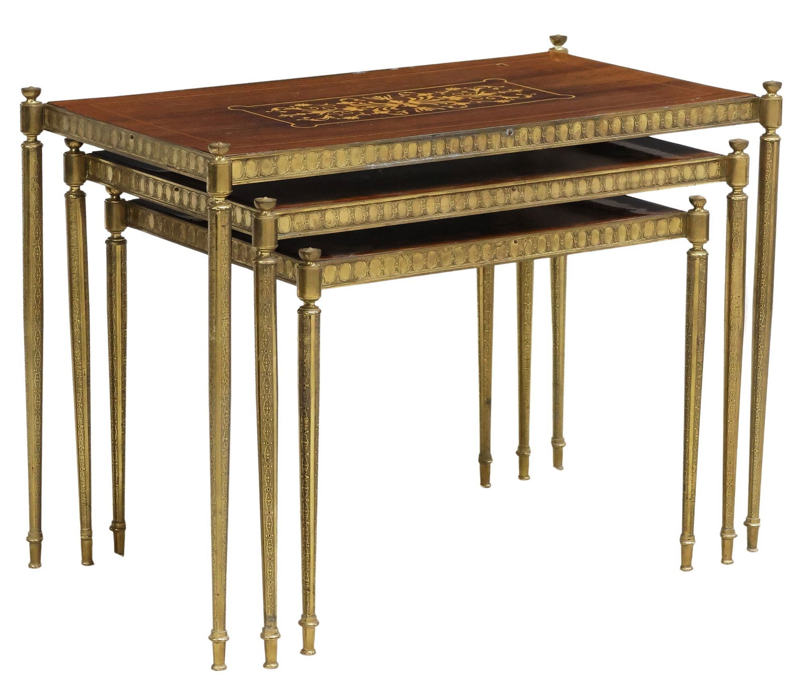 (3) ROSEWOOD MARQUETRY & GILT METAL NESTING TABLES: (lot of 3) Rosewood nesting tables, mid 20th c., having marquetry inlay top, over gilt metal frame, rising on tapered legs, ending on blunt arrow feet, largest: approx 18.25"h, 24.75"w,