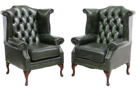 (2) ENGLISH QUEEN ANNE STYLE GREEN LEATHER WINGBACK ARMCHAIRS