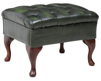 ENGLISH CHESTERFIELD STYLE BUTTON-TUFTED GREEN LEATHER STOOL