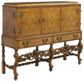ENGLISH CAROLEAN STYLE BURR WALNUT DRINKS CABINET