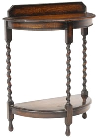 ENGLISH CARVED OAK BARLEY TWIST DEMILUNE CONSOLE TABLE