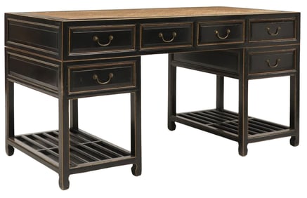CHINESE BLACK LACQUER RATTAN TOP WRITING DESK