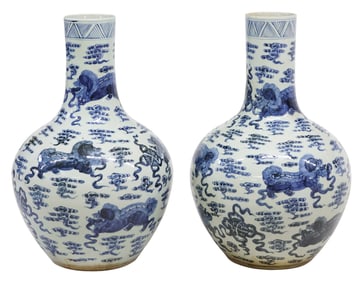 (2) LARGE CHINESE BLUE & WHITE PORCELAIN BOTTLE NECK VASES, 24"H