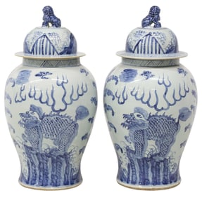 (2) LARGE CHINESE BLUE & WHITE PORCELAIN COVERED TEMPLE JARS, 26"H