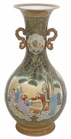 MONUMENTAL SATSUMA PARCEL GILT CERAMIC FLOOR VASE, 33"H