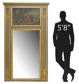 FRENCH LOUIS XVI STYLE PARCEL-GILT & PAINTED TRUMEAU MIRROR, 76" X 44.5"