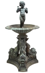 PAINTED CAST IRON CHERUB & DOLPHIN GARDEN SCULPTURE/BIRDBATH