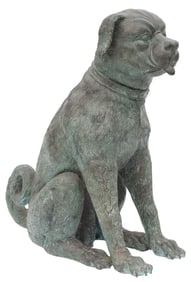 VERDE PATINATED BRONZE GARDEN SCULPTURE, SEATED DOG, 24.5"H