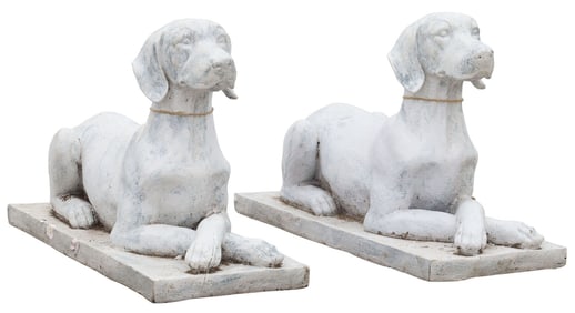 (2) WHITE PAINTED CAST GARDEN STATUARY, RECUMBENT HOUNDS
