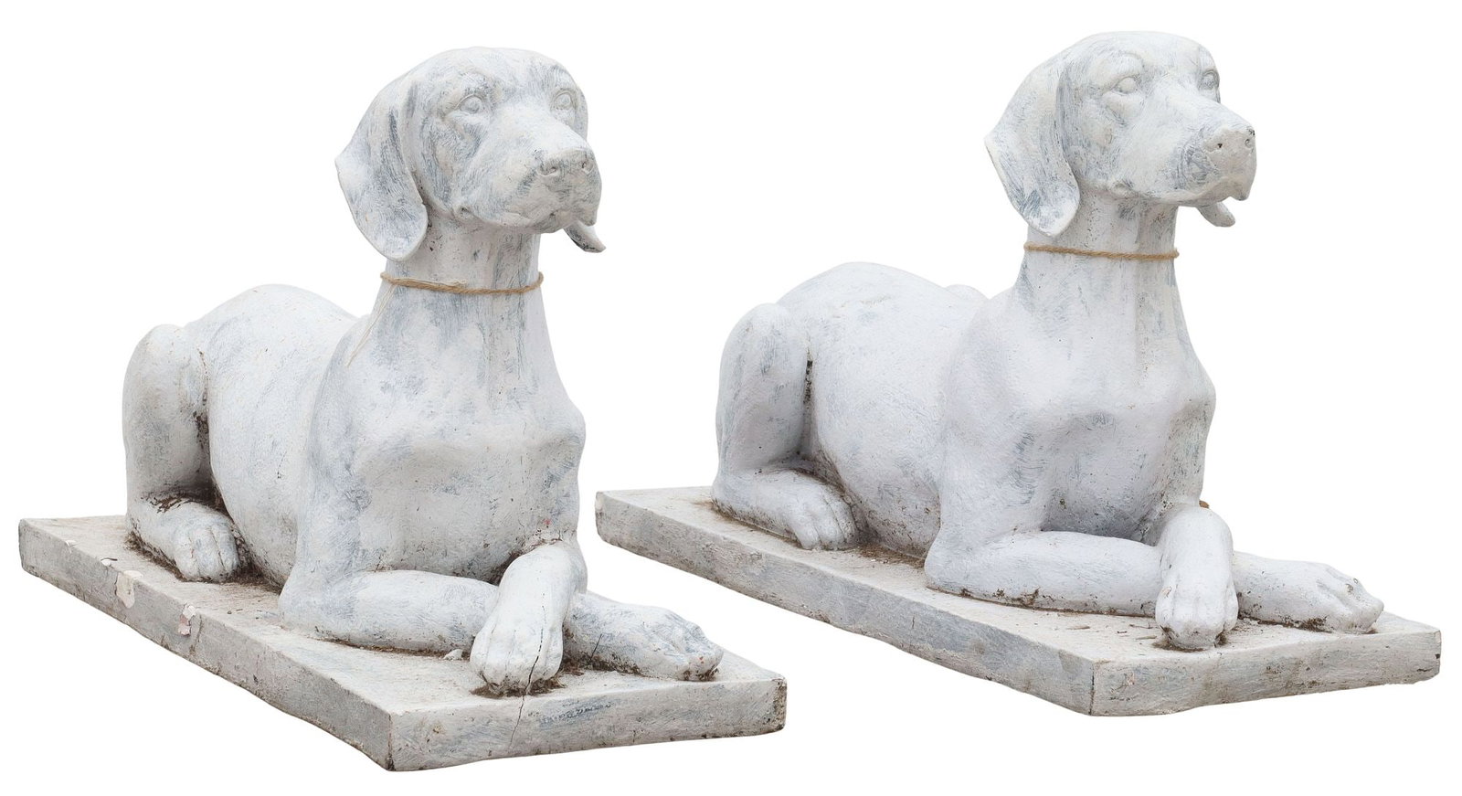 (2) WHITE PAINTED CAST GARDEN STATUARY, RECUMBENT HOUNDS: (pair) Cast garden statuary, Recumbent Dogs, each rising on integral platform, in a white painted finish, approx 19"h, 32"w, 11.5"d