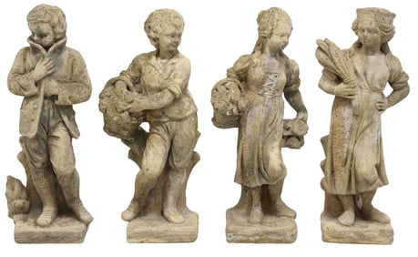 (4) CAST STONE FOUR SEASONS GARDEN STATUES, 29.25"H