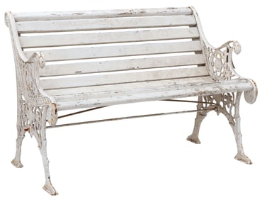 WHITE PAINTED CAST IRON & WOOD OUTDOOR GARDEN BENCH