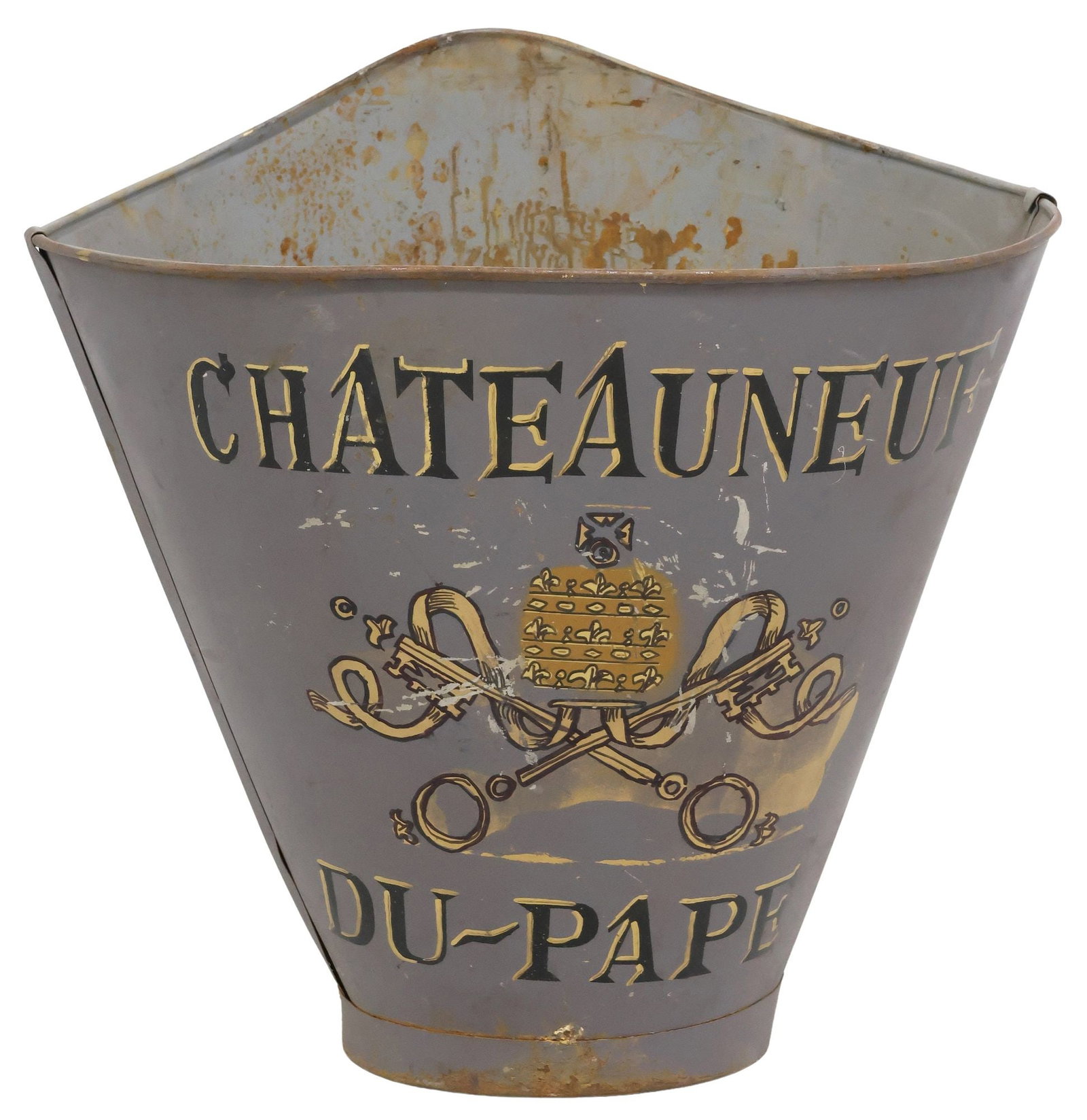 FRENCH VINEYARD PAINTED METAL GRAPE PICKER'S HOTTE: French paint decorated galvanized metal grape picker's hotte/ hod, 20th c., stenciled Chateauneuf Du Pape logo with Saint Peter's keys and papal tiara, retaining worn leather straps, appr