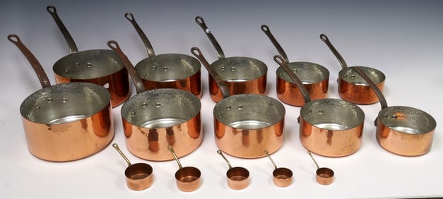 (15) FRENCH GRADUATED COPPER SAUCEPANS, 2 STANDARD & 1 MINIATURE SET