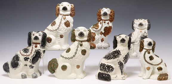 (7) ENGLISH VICTORIAN STAFFORDSHIRE MANTEL DOGS, 3 WITH LUSTER