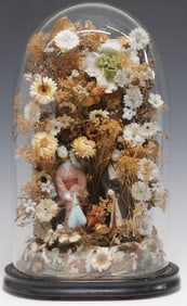 VICTORIAN GLASS CLOCHE GARNITURE, CHINOISERIE FIGURES & FLOWERS