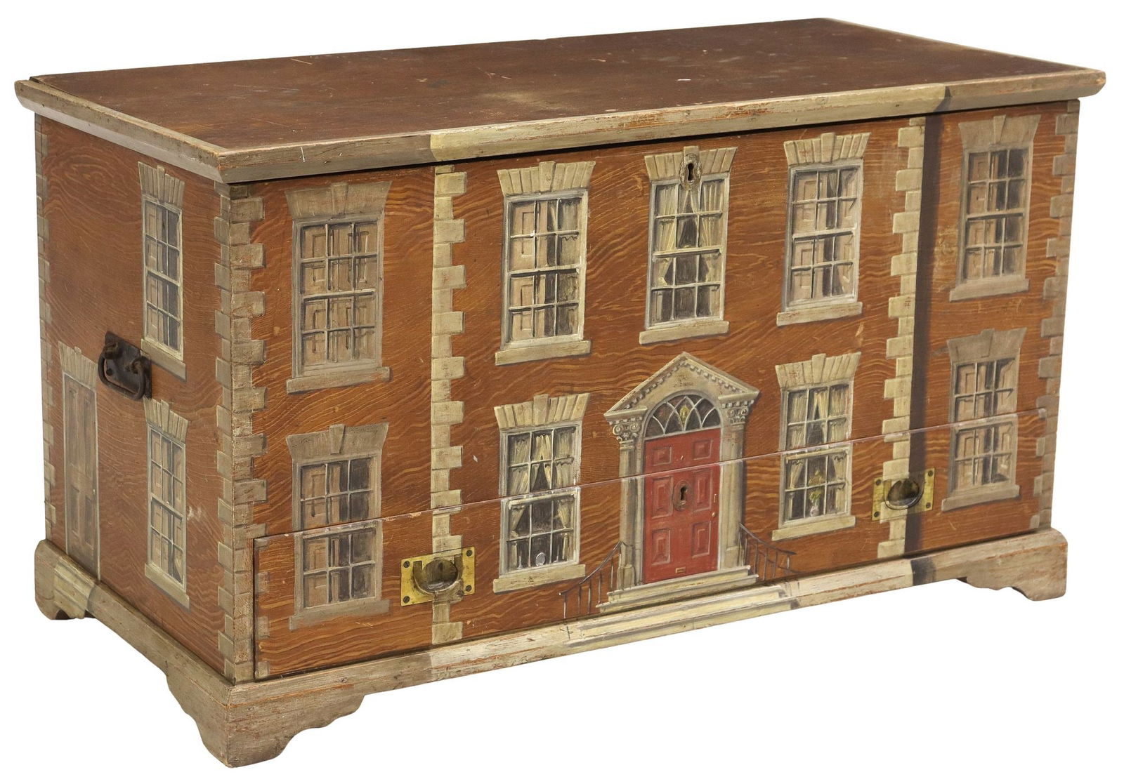 ENGLISH SCUMBLE PAINTED HOUSE FACADE MULE CHEST: Large English mule chest, early 20th c., exterior with later scumble painted finish, further decorated as a Georgian-style house facade, hinged top, interior with side till, an exterior drawer be