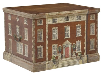 LARGE ENGLISH PAINT-DECORATED HOUSE FACADE STORAGE CHEST